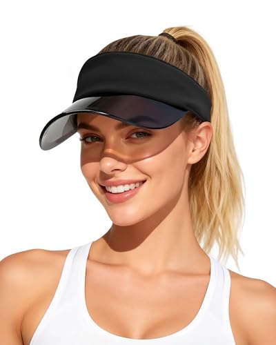 Transparent Sun Visor Hat for Women Men - UPF 50+ Clear Brim Adjustable Drawstring for Golf Tennis Pickleball - color: Black