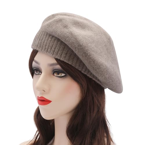 ZLYC Women French Beret Hat Reversible Solid Color Knit Warm Artist Cap - color: Cable Pattern Tan
