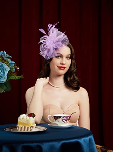 Fascinators Hat for Women Tea Party Headband Kentucky Derby Wedding Flower Cocktail Mesh Feathers Hair Clip - color: 1-lavender
