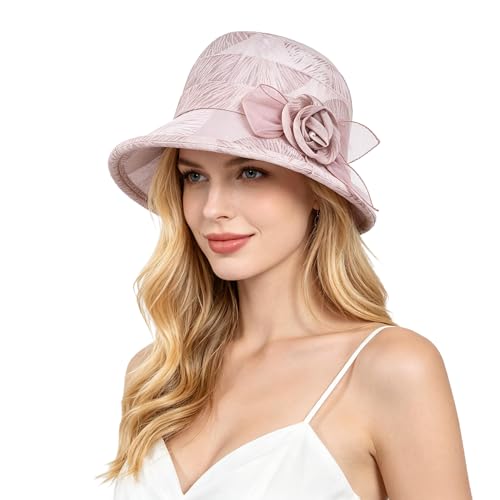 Women Flower Bowler Sun Hat Wide Brim Cloche Bucket Hat Foldable Breathable Wedding Church Tea Party Fascinator - color: Pink