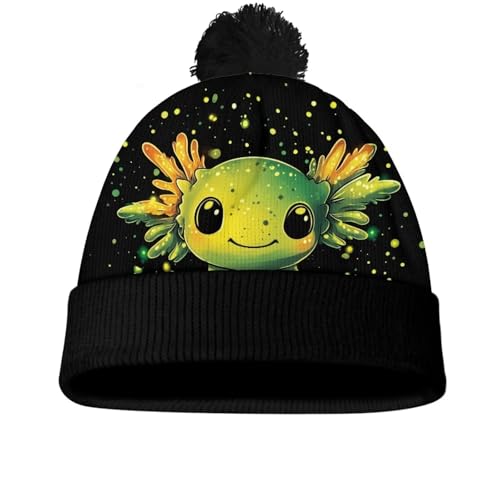 Girls Boys Winter Warm Knit Beanie Pompom Elasticity Slouchy Hat Skull Caps for Childrens - color: Black Black Axolotl