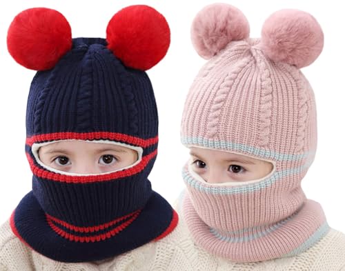 Toddler Winter Hat Baby Balaclava 2 in 1,Fleece Lined Knitted Beanie with Face Mask, Ear Flaps & Pom Pom for Boys Girls - color: Bear-pink+dark Blue