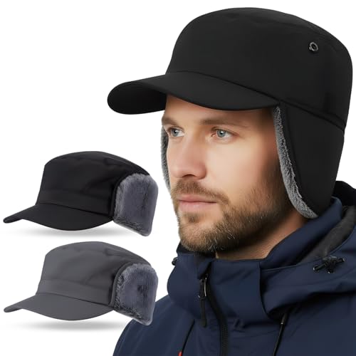 Men's Waterproof Winter Hat with Visor - color: Black Grey