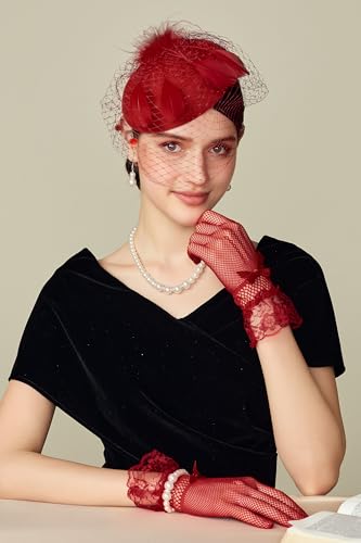 BABEYOND Fascinators Hats for Women Tea Party Pillbox Derby Wedding Hat - color: Winered
