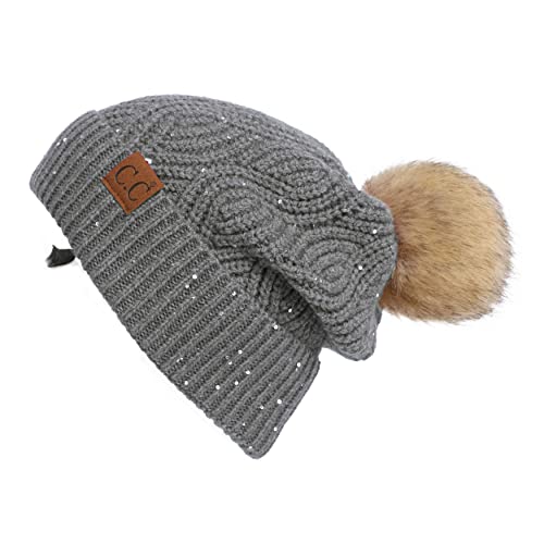 C.C Hatsandscarf Exclusives Unisex Solid Ribbed Beanie with Pom (HAT-43) - color: A Brioche Cable Pattern-heather Grey