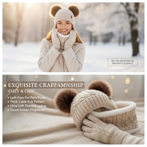 Women Knit Beanie with Pompom, Fleece Lined Neck Warmer & Touchscreen Gloves Set - Winter Thermal Accessories Christmas Gift - color: Beige