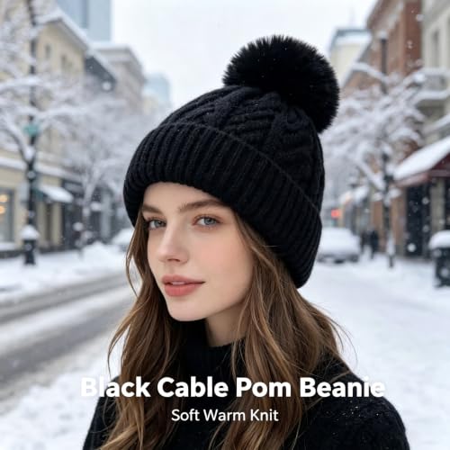 Cable Knit Pom Pom Beanie Black Winter Hat Soft Warm Stretch Cap