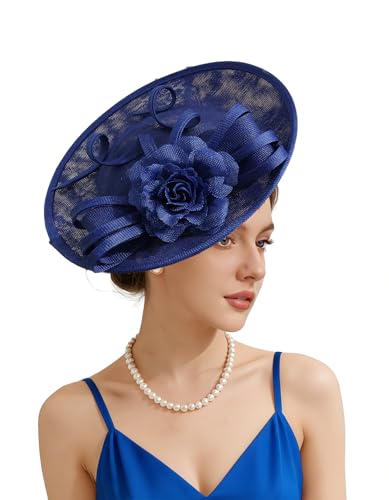 Unpifolov Fascinators Hats Elegant Women Flower Mesh Feathers Wedding Cocktail Bride Headband for Derby Hat Tea Party - color: Royal Blue