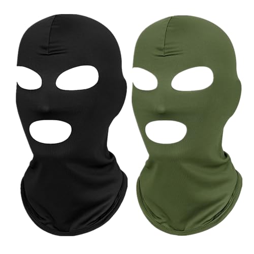 2Pcs Full Face Mask,2Hole/3Hole Black Thin Balaclava Seamless Mask - color: 3 Hole Black+grass Green