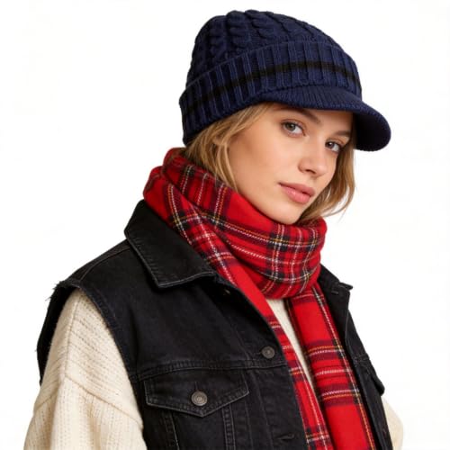Ruphedy Mens Beanie with Brim Winter Hat Knitted Thick Fleece Visor Beanie - color: B321-navy