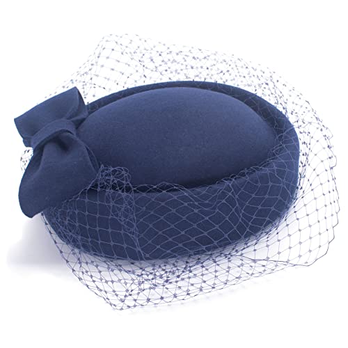 Lawliet Womens 1920s Vintage Look Wool Felt Fascinator Pillbox Hat Beret Cocktail Winter A606 - color: Navy Blue