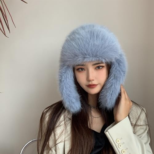 Luxurious Faux Mink Fur Ladies Trapper Hat，Pure Color Simplistic Women’s Winter Hat，Furry Ushanka Warm Hat - color: Blue