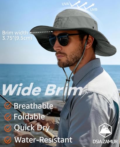 Wide Brim Sun Hat for Men Women, UPF 50+ Waterproof Packable Bucket Boonie Safari Fishing Hat - color: Light Grey