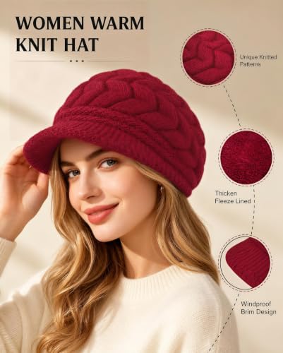 YSense 2 Pack Womens Winter Hats Warm Knit Beanie with Visor - color: Black Wine Red