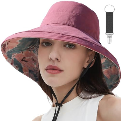 vidsel Womens Sun Hats Wide Brim Reversible Bucket Cotton Hat with Hat Clip - color: Red, size: Medium