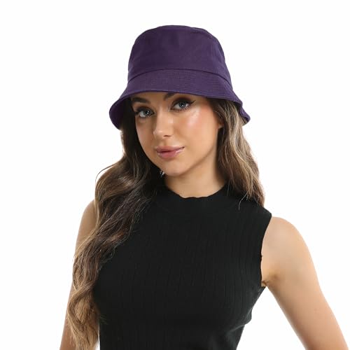 Wheebo Solid Color Bucket Hat for Women Summer Beach Fishmen Hat for Lady Adult Unisex Cotton Cap…… - color: A-sc-purple