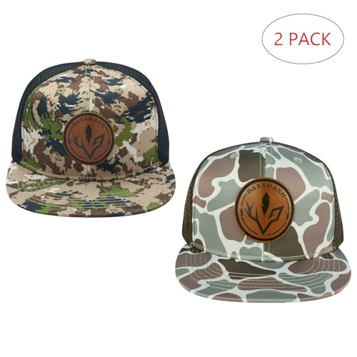 BASSDASH 2 Pack Flat Brim Trucker Cap Adjustable Snapback Hat Mesh Back for Men Women Fishing Hunting - color: Pack of 2, Highland & Color Block Camo