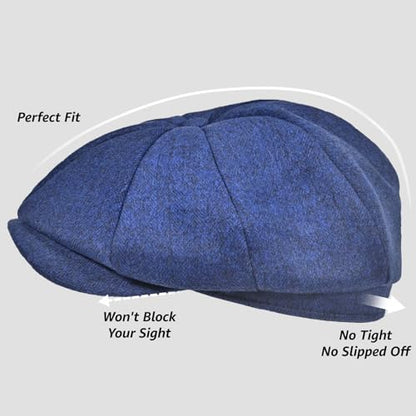 Mens Newsboy Cap High Woolen Tweed Gatsby Hat Ivy Cabbie Flat Golf Cap for Fathers Women Unisex - color: Blue, size: 7-7 1/8