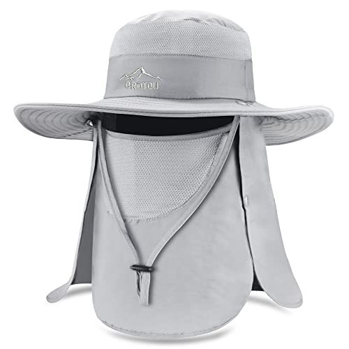 BROTOU Sun Cap Fishing Hats, UPF 50+ Wide Brim Outdoor Protection Hat, Sun Hat with Face & Neck Flap Cover for Men and Women (Light Grey)