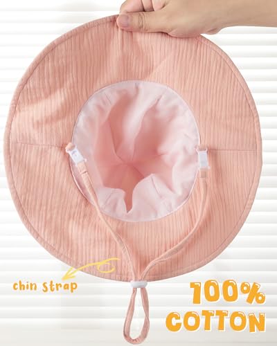 HONGTEYA Baby Sun Hat Muslin Wide Brim Toddler Girl Beach Bucket Hat - color: Pink/Beige, size: 6-24 Months