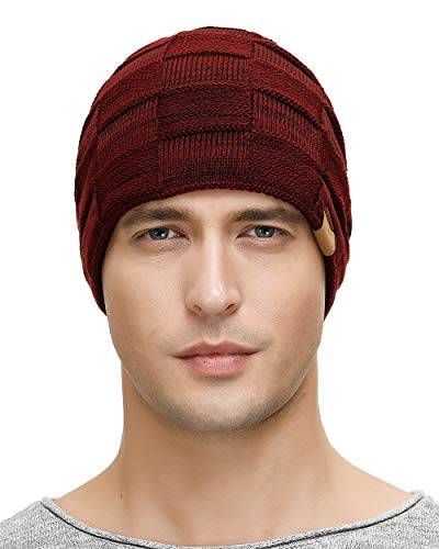 Vgogfly Slouchy Beanie for Men Winter Hats for Guys Cool Beanies Mens Lined Knit Warm Thick Skully Stocking Binie Hat Pairs - color: Blue / Wine Red