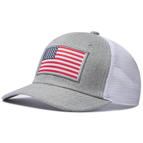 American Flag Trucker Hat, Patriotic Baseball Cap for Men & Women, Breathable Mesh Adjustable Snapback, USA Flag Patch - color: Heather/White