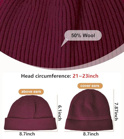 Wool Fisherman Beanie for Men Wome, Thin Knit Winter Hats Skull Cap - color: Wine Red