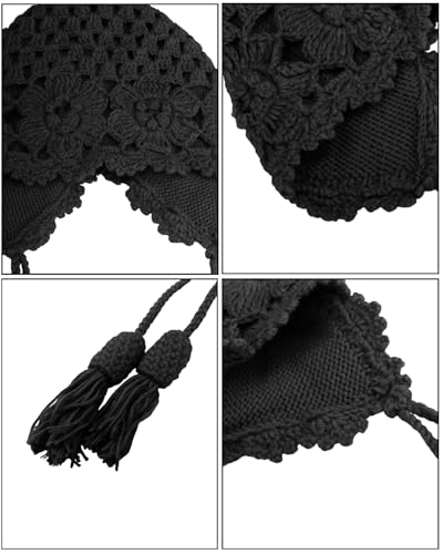 MINGSEECESS Women Girls Knitted Beanie Hat Crochet Braided Knit Warmer Cap Skiing Snowboarding Ear Flap Hats - color: Knitted-black
