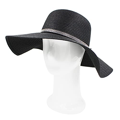 4.5" Wide Brim Foldable UPF50 Rhinestone Trim Floppy Summer Straw Sun Beach Hat - color: Black