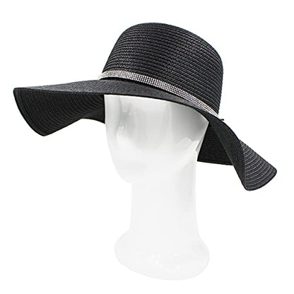 4.5" Wide Brim Foldable UPF50 Rhinestone Trim Floppy Summer Straw Sun Beach Hat - color: Black