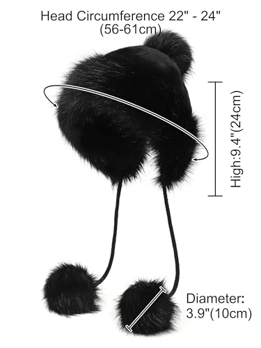 LA CARRIE Women's Faux Fur Hat with 3 Pom Pom for Cold Winter SKI Earflaps - color: Black