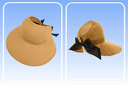 Straw Sun Visor for Women, Wide Brim UPF 50+ Protection Beach Hat, Adjustable, Roll Up Foldable Ponytail Cap with Chin Strap - color: A Mustard