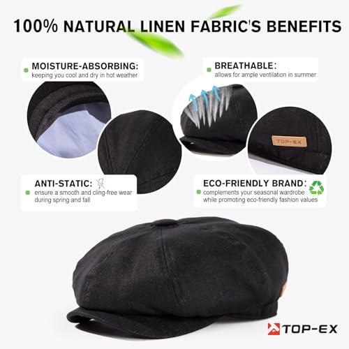 Oversized XL XXL Natural Linen Flat Cap Lightweight 8 Panel Summer Cooling Eco-Friendly Newsboy Hat Golf Outdoor - color: Black, size: Large-X-Large