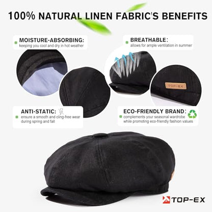 Oversized XL XXL Natural Linen Flat Cap Lightweight 8 Panel Summer Cooling Eco-Friendly Newsboy Hat Golf Outdoor - color: Black, size: Large-X-Large