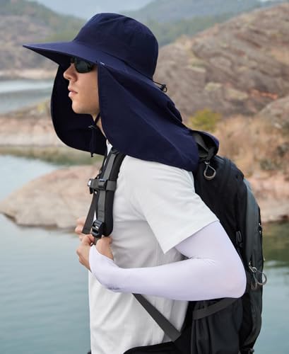 HUAMULAN Women Men Wide Brim Sun Hat Hiking Fishing Hats with Neck Flap - color: Navy With Mesh Panel
