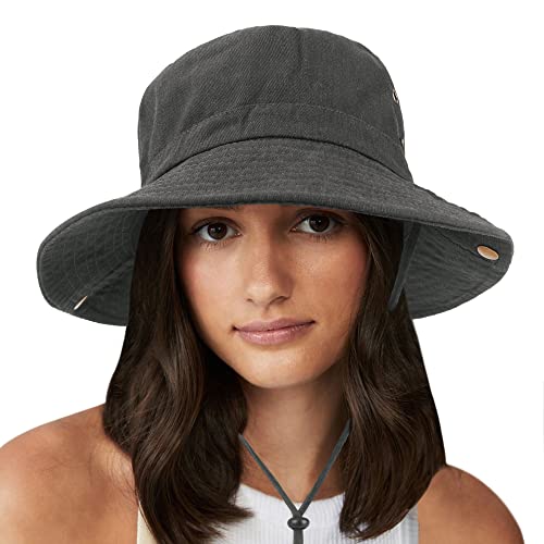 Unisex Cotton Boonie Hat Summer Fishing Bucket Hat Sun Hat with String - color: Solid Dark Grey
