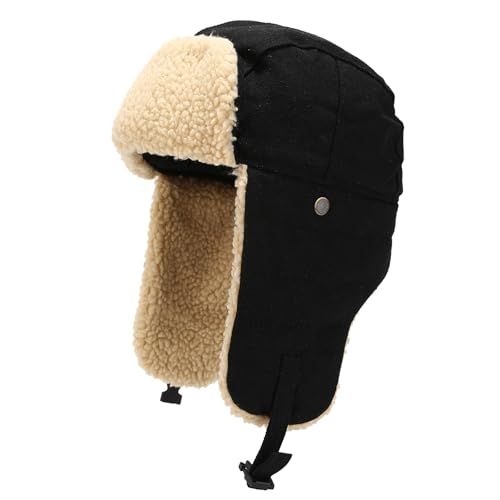 Peicees Trapper Hat with Fur Ear Flaps Russian Ushanka for Men Women Winter Snow Hat for Cold Weather Aviator Cap Warm - color: Black