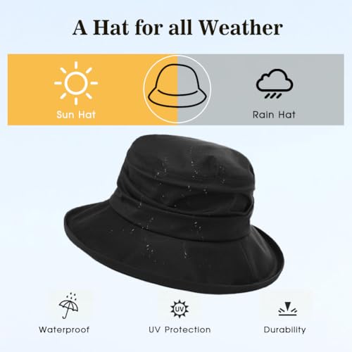 Comhats Women's Waterproof UPF 50+ Wide Brim Packable Rain Hat - color: 737_black, size: Large