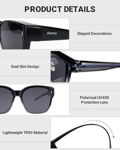 Meeloog Large Polarized Fit Over Glasses Sunglasses for Women Men MST0110 - color: P1 Gradient Black Frame/Black Lens