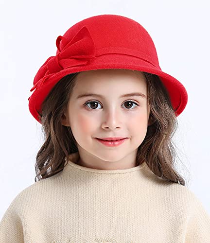 Bienvenu Kids Girls Winter Warm 100% Wool Bucket Hats Fedoras with Bowknot - color: Red