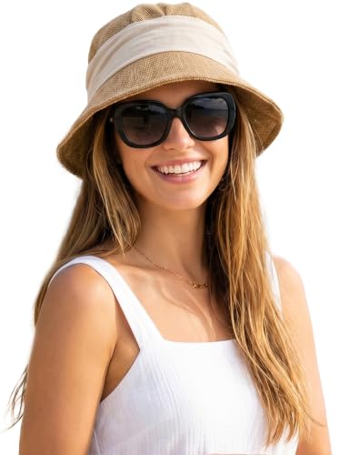 Babalet Women Summer Bucket Sun Hat Lightweight Beach Faux Linen Blend Bucket Hat Adjustable Foldable UV Protection Beach Cap - color: Marled Khaki / White Band