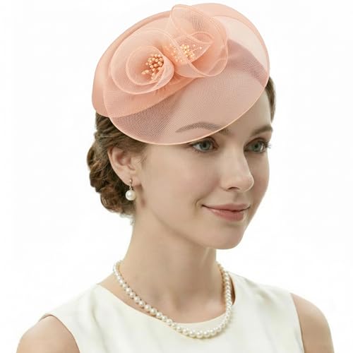DRESHOW Fascinator Hats for Women Cocktail Tea Party Hat Netted Pillbox Hat Vintage Derby Hats for Bridal Wedding - color: Pillbox Hat: Dusty Rose