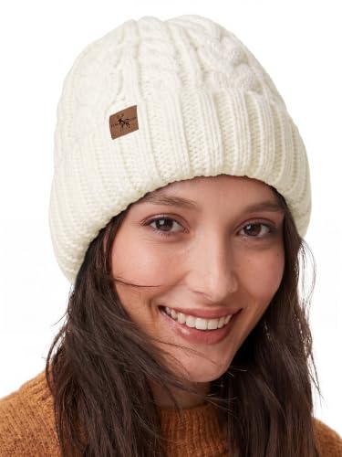 Winter Hats for Women Cable Knit Chunky Skull Cap Fleece Lined Thick Fold Cuff Beanie hat - color: White, style: Wheat Spike