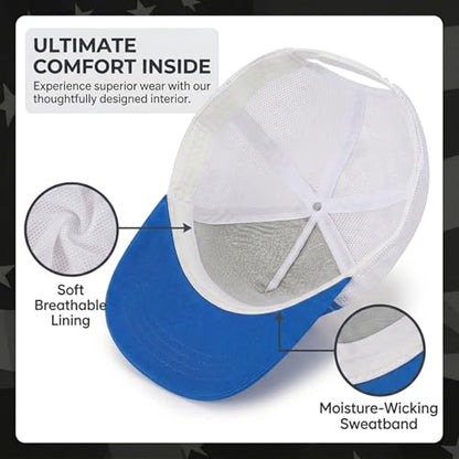 BROMZ Kids Youth American Flag Trucker Hat Flat Bill, Breathable Mesh Back Snapback Baseball Cap for Boys Girls 5-15 Years - color: White/Blue/Us Flag