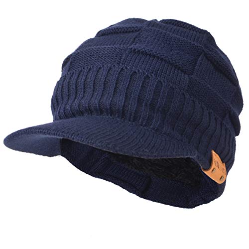 Ruphedy Mens Beanie with Brim Winter Hat Knitted Thick Fleece Visor Beanie - color: B322-navy