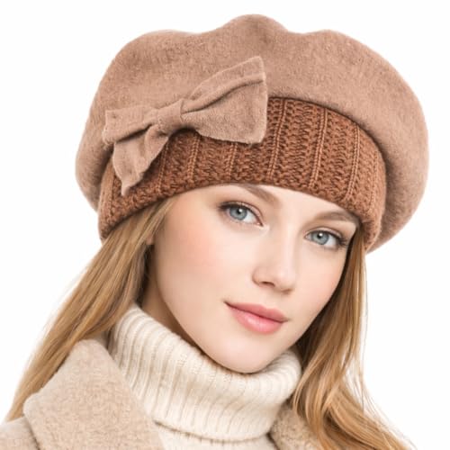 VECRY Lady French Beret 100% Wool Beret Floral Dress Beanie Winter Hat - color: Bow-camel