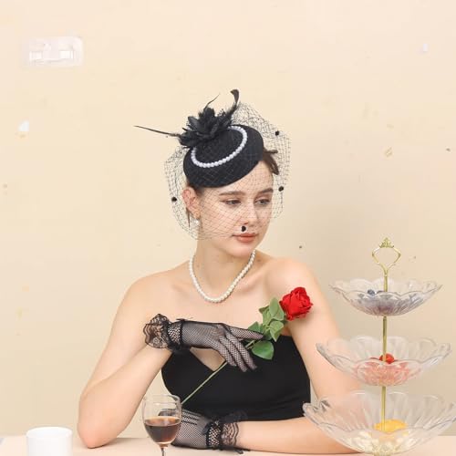 Fascinators Tea Party Hats with Veil - 20s 50s Pillbox Hat Cocktail Tea Party Headwear Church Derby Hat for Women