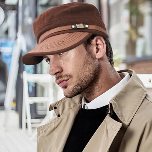 Flat Top Cap for Men Soft Cotton Adjustable Military - color: Coffee