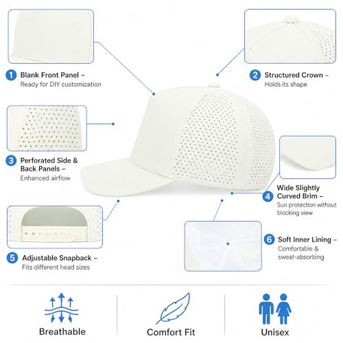 5 Panel Baseball Cap Quick Dry Mesh Snapback Hat for Women Men - color: Offwhite