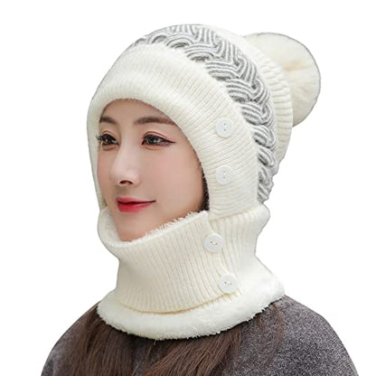 HUAMULAN Women Winter Knit Balaclava Fleece Lined Hooded Beanie Hats - color: Cream White, size: One Size